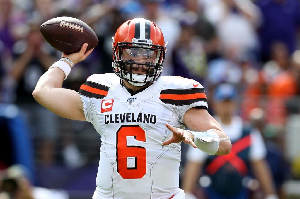 Quarterback Baker Mayfield #6 of the Cleveland Browns passes against the Baltimore Ravens