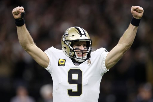 Drew Brees of the Saints celebrates. The Odds to Win 2020 NFC Championship favor New Orleans.