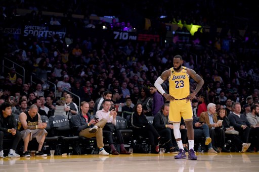 Lakers vs Clippers is coming up, on image we can see LeBron James #23 of the Los Angeles Lakers waits during a 104-102 Brooklyn Nets
