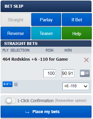 BetUS bet slip example of a straight wager on a single game