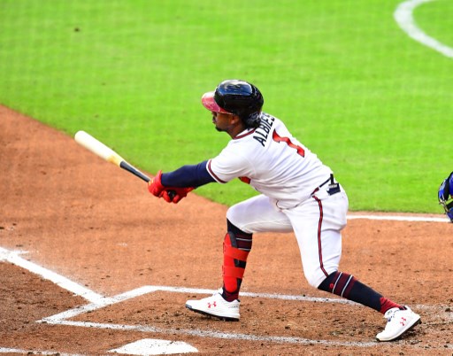 Braves vs Yankees coming up, on image zzie Albies #1 of the Atlanta Braves