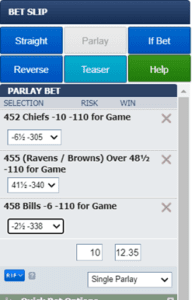Three-team parlay ticket, after buying points