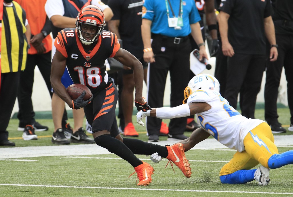 A.J. Green of the Cincinnati Bengals runs with the ball against the Los Angeles Chargers