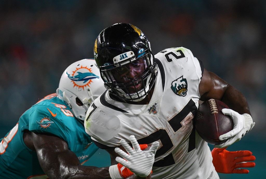 ATS Pick Week 3 - Leonard Fournette of the Jacksonville Jaguars runs with the ball in the first quarter during the preseason game against the Miami Dolphins