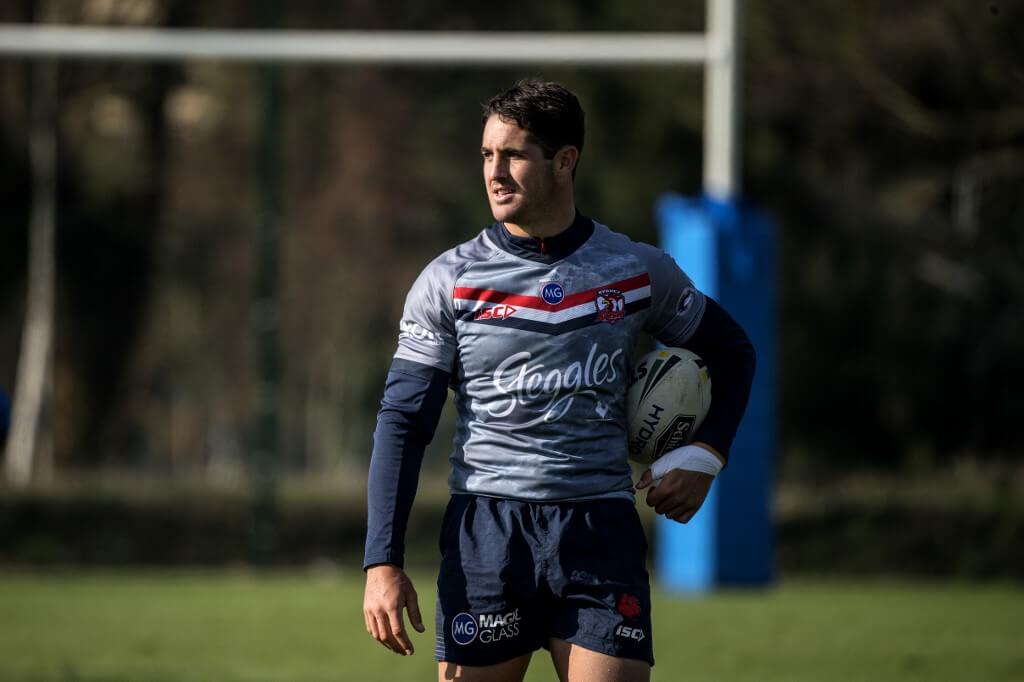 Sydney Roosters' lock Nat Butcher holds the ball during a training session with Toulouse Olympique XIII