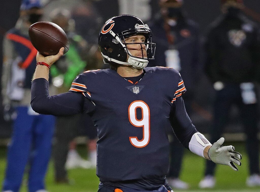 Nick Foles of the Chicago Bears passes against the Tampa Bay Buccaneers at Soldier Field on October 08, 2020