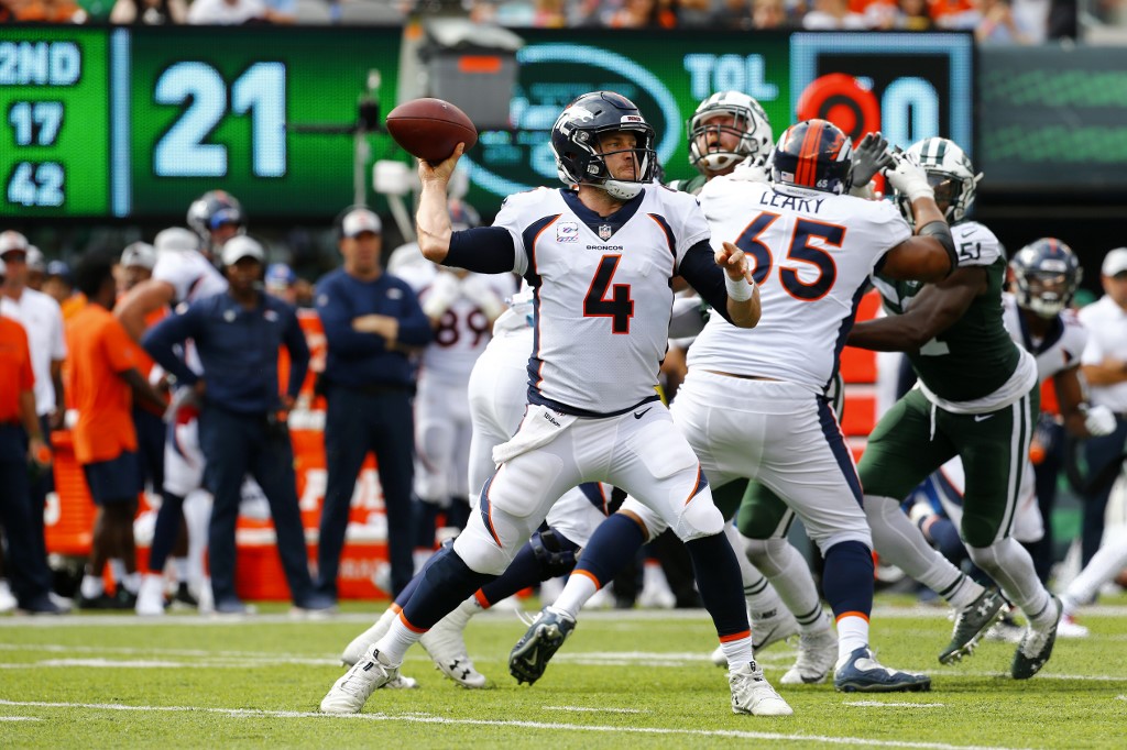 Case Keenum of the Denver Broncos looks to pass against the New York Jets -Broncos vs Jets Betting Odds