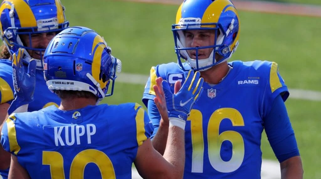 Cooper Kupp of the Los Angeles Rams celebrates his touchdown with Jared Goff #16 during the second half against the Buffalo Bills