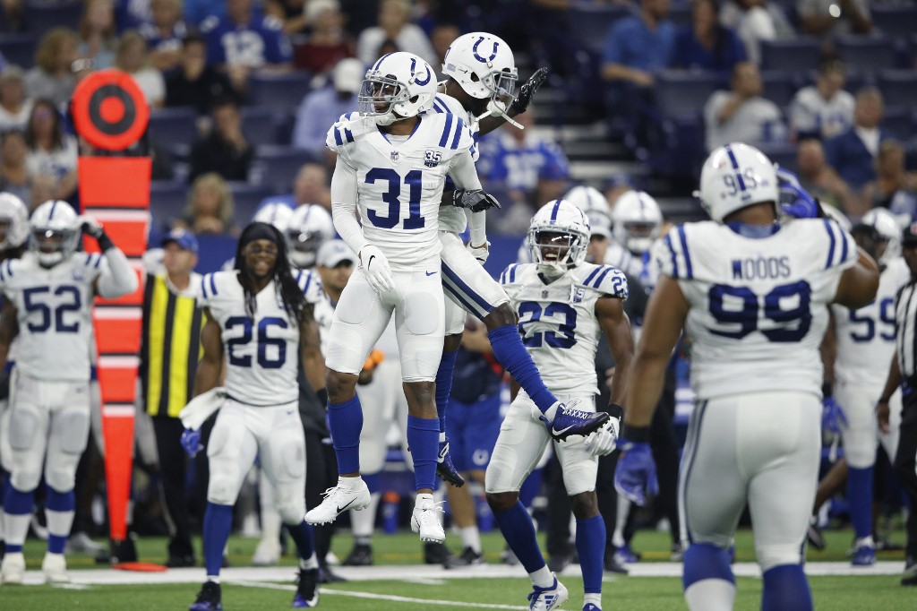 Quincy Wilson celebrates after a defensive stop in second quarter of game against Baltimore. Check out our Ravens vs Colts betting analysis