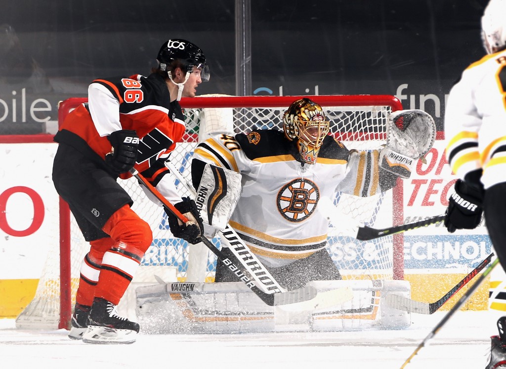 Tuukka Rask of the Boston Bruins defends net against Joel Farabee of the Philadelphia Flyers. Here's our Bruins vs Flyers betting preview