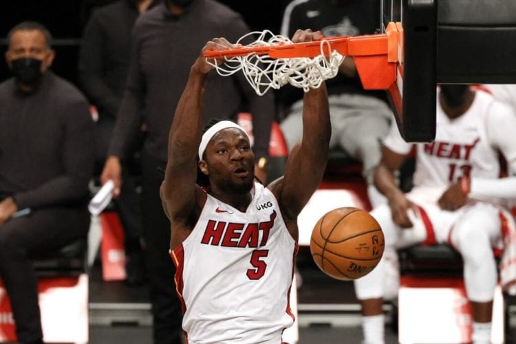 Precious Achiuwa of the Miami Heat dunks during the first half against the Brooklyn Nets at Barclays Center
