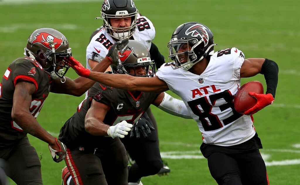 Russell Gage of the Atlanta Falcons runs after a catch during a game at Raymond James Stadium in Tampa, Florida.