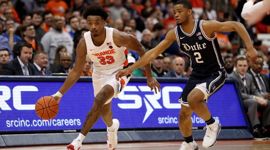 Elijah Hughes #33 of the Syracuse Orange dribbles as Cassius Stanley guards. Read our Syracuse Orange vs Duke Blue Devils betting preview