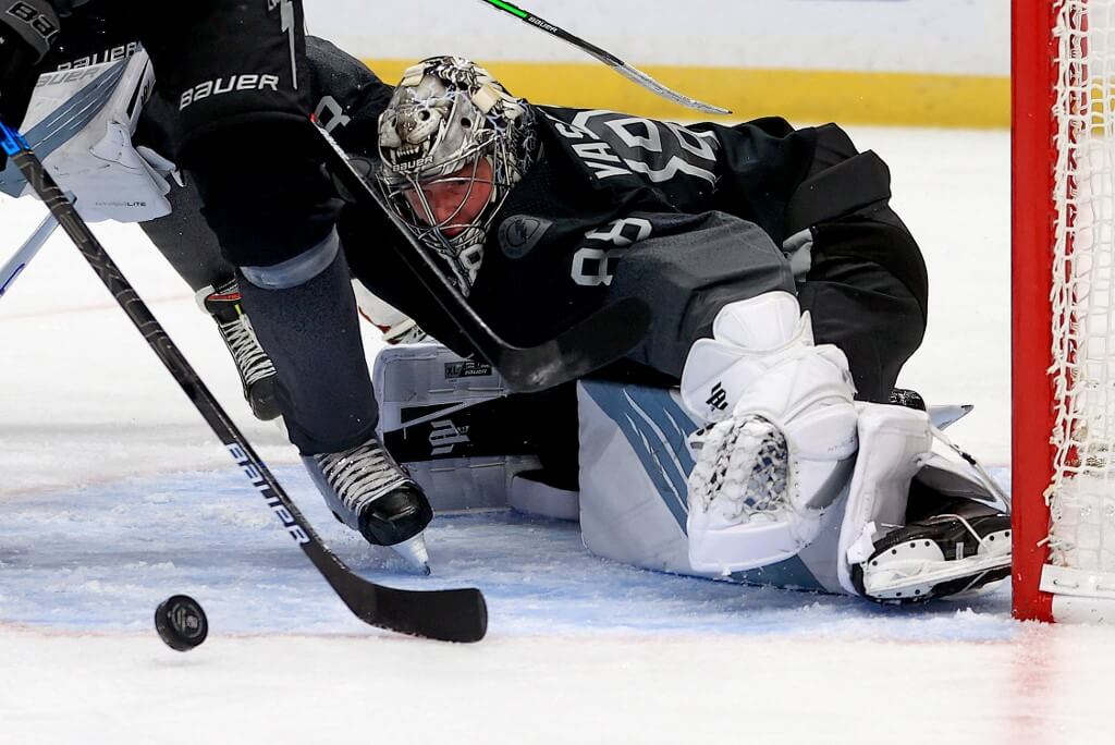 Andrei Vasilevskiy of the Tampa Bay Lightning makes a save during a game against the Chicago Blackhawks at Amalie Arena