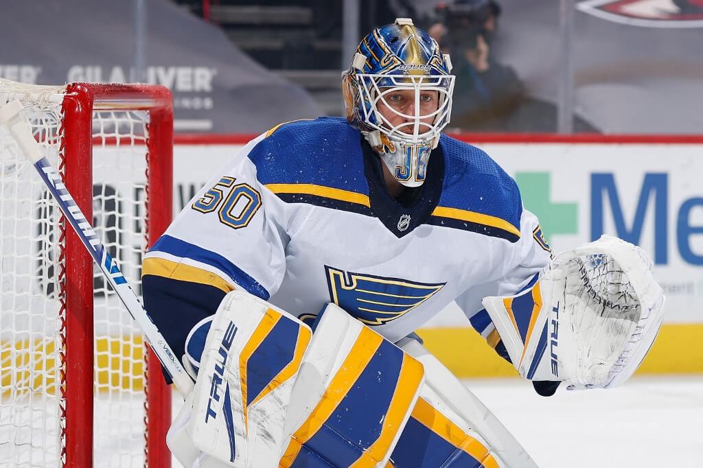 Goaltender Jordan Binnington of the St. Louis Blues during the NHL game against the Arizona Coyotes at Gila River Arena