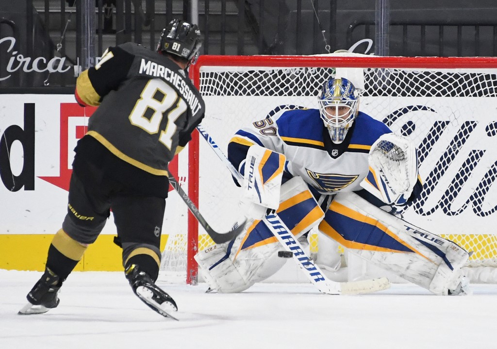 Jonathan Marchessault #81 of Vegas hits the post with his shootout vs Jordan Binnington. Read the Golden Knights vs Blues betting preview