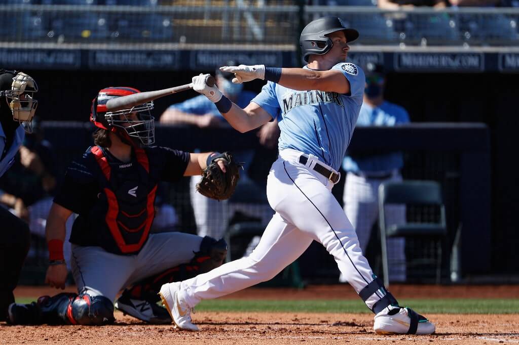 Jarred Kelenic of the Seattle Mariners bats against the Cleveland Indians during the MLB spring training game