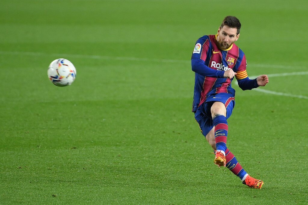 Barcelona's Argentinian forward Lionel Messi kicks the ball during the Spanish League football match