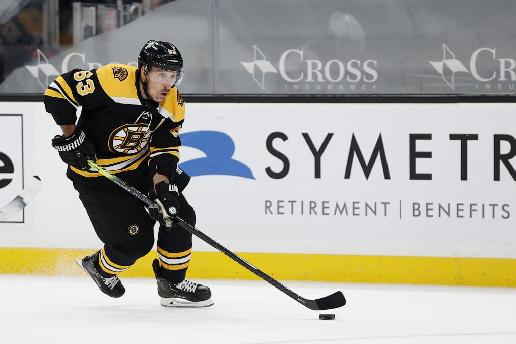 Brad Marchand of the Boston Bruins skates against the New Jersey Devils