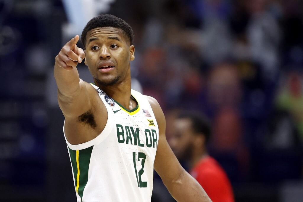 Jared Butler of the Baylor Bears gestures against the Houston Cougars during the 2021 NCAA Final Four semifinal