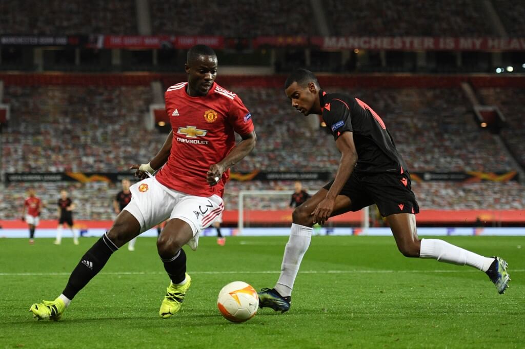 Manchester United's defender Eric Bailly dribbles away from Real Sociedad's Alexander Isak during the UEFA Europa League