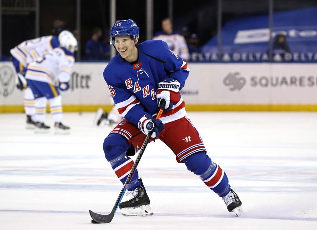 Ryan Strome of the New York Rangers smiles during warm ups before the game against the Buffalo Sabres