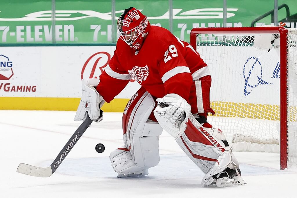 Thomas Greiss of the Detroit Red Wings blocks a shot on goal against the Dallas Stars in the overtime period