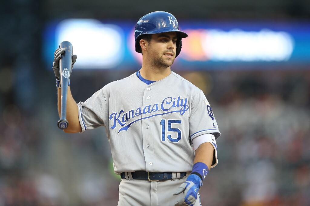 Whit Merrifield of the Kansas City Royals reacts after striking out to end the game against the Detroit Tigers