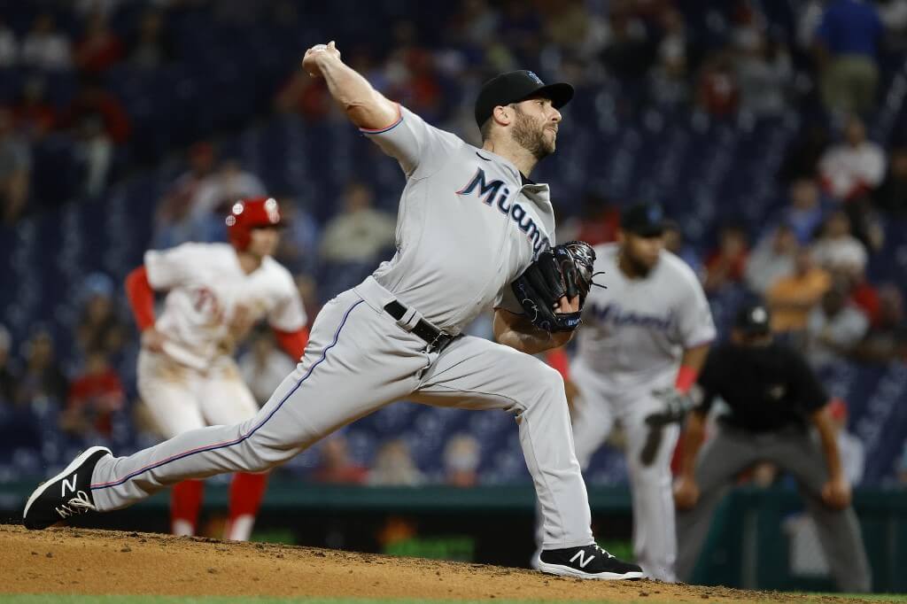 Anthony Bass of the Miami Marlins pitches against the Philadelphia Phillies