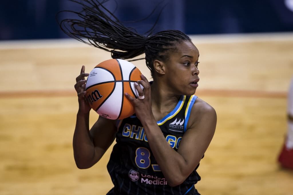 Brittany Boyd-Jones of the Chicago Sky handles the ball against the Washington Mystics at Entertainment & Sports Arena