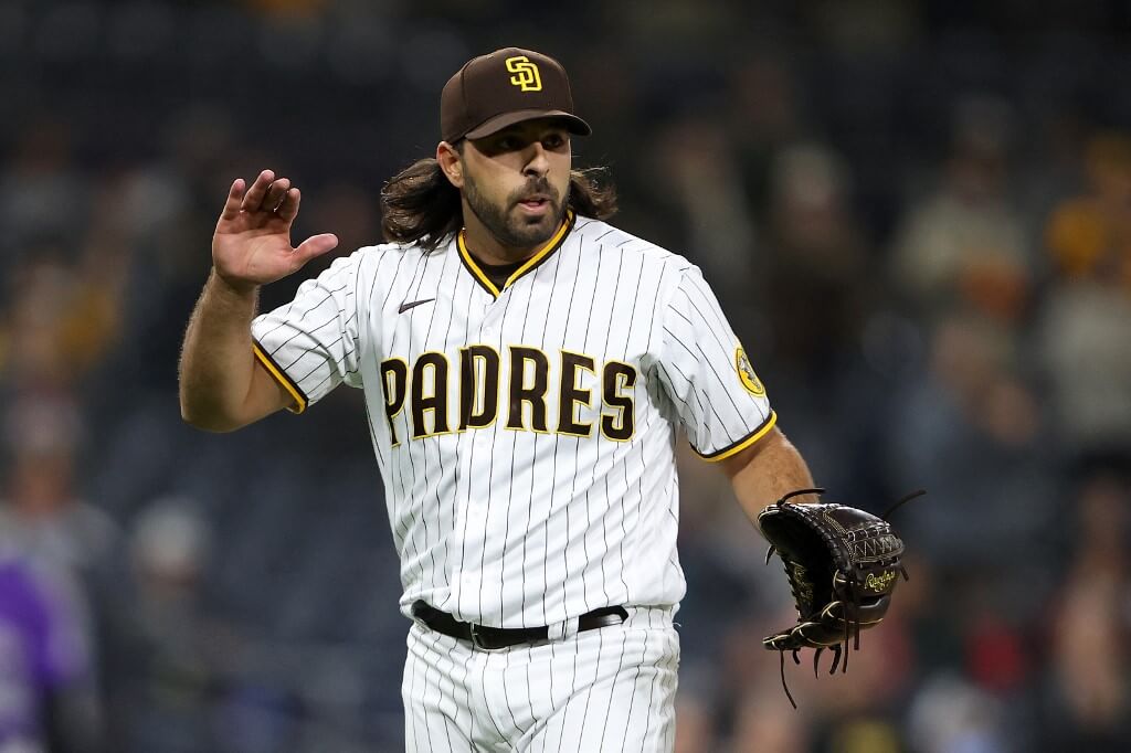 Nabil Crismatt of the San Diego Padres reacts after defeating the Colorado Rockies 7-0 in a game at PETCO Park