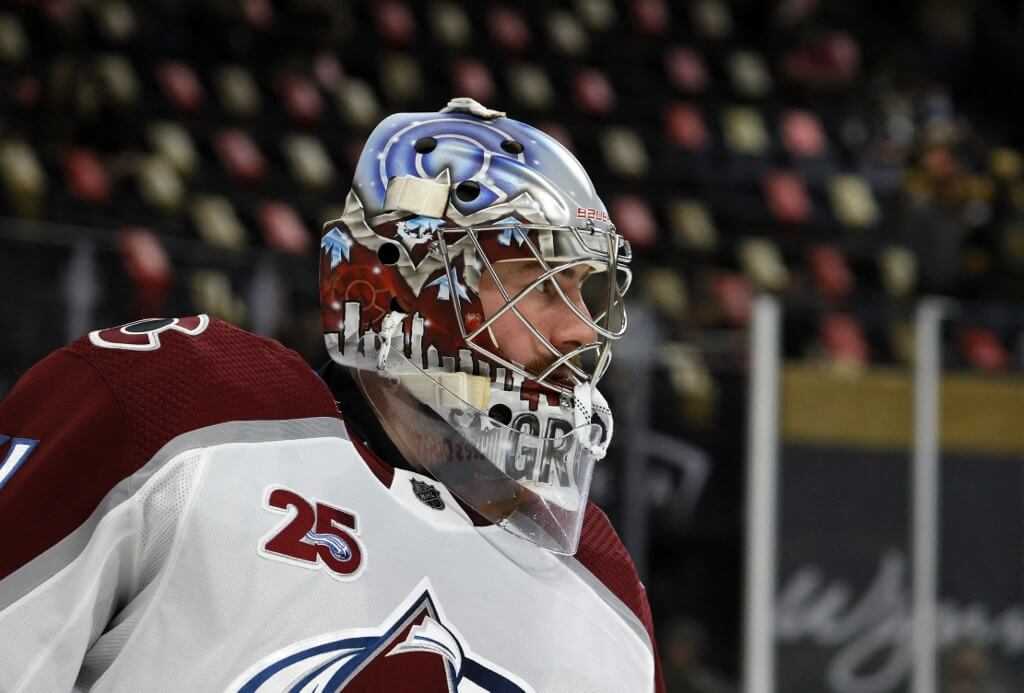 Philipp Grubauer of the Colorado Avalanche warms up before a game against the Vegas Golden Knights