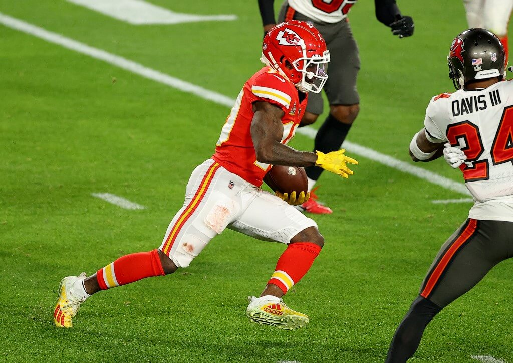 Tyreek Hill of the Kansas City Chiefs makes a reception during the second quarter against the Tampa Bay Buccaneers