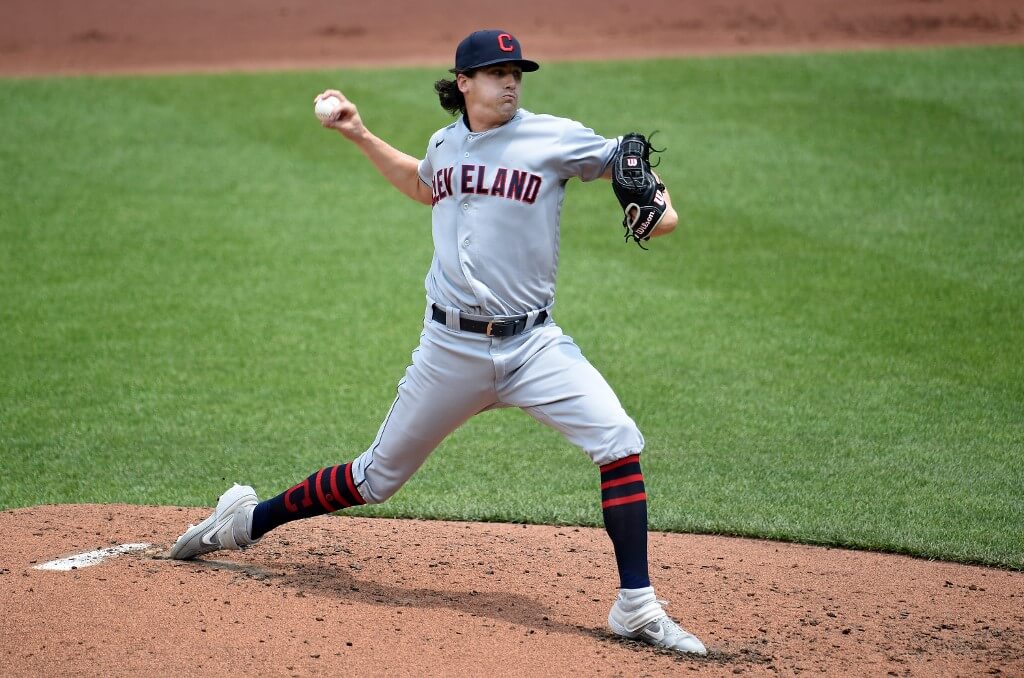 Cal Quantrill of the Cleveland Indians pitches in the second inning against the Baltimore Orioles