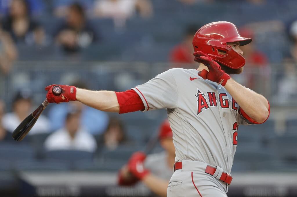 Jared Walsh of the Los Angeles Angels hits an RBI double during the first inning against the New York Yankees