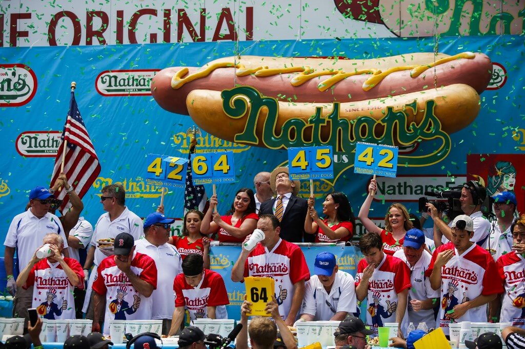 Joey Chestnut competes in the annual Nathan's Hot Dog Eating Contest on July 4, 2018 in the Coney Island neighborhood