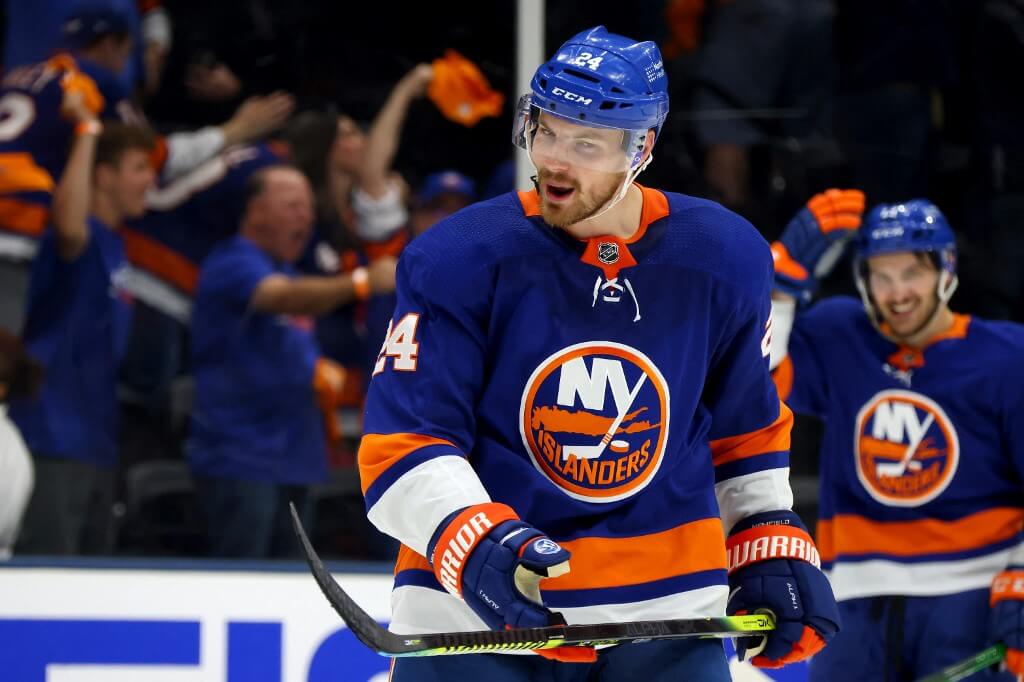Scott Mayfield of the New York Islanders celebrates after scoring a goal against the Tampa Bay Lightning