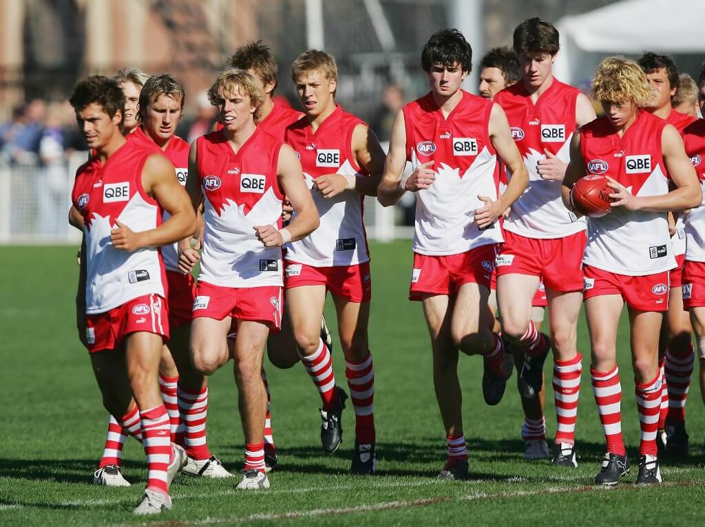 The Sydney Swans warm up before taking on the Kangaroos at the Wolf Blass Aussie Festival