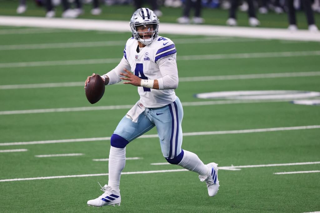 Dak Prescott of the Dallas Cowboys attempts a pass against the New York Giants during the second quarter