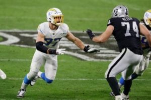 Defensive end Joey Bosa of the Los Angeles Chargers in action during the NFL game against the Las Vegas Raiders