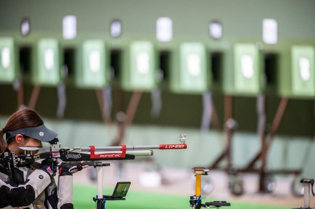 Itsuki Iura of Japan competes in the 10m air rifle mixed qualification during a test event for the Tokyo 2020 Olympic Games
