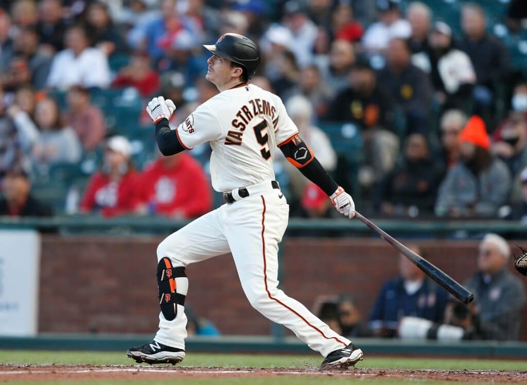 Mike Yastrzemski of the San Francisco Giants hits an RBI double against the St. Louis Cardinals