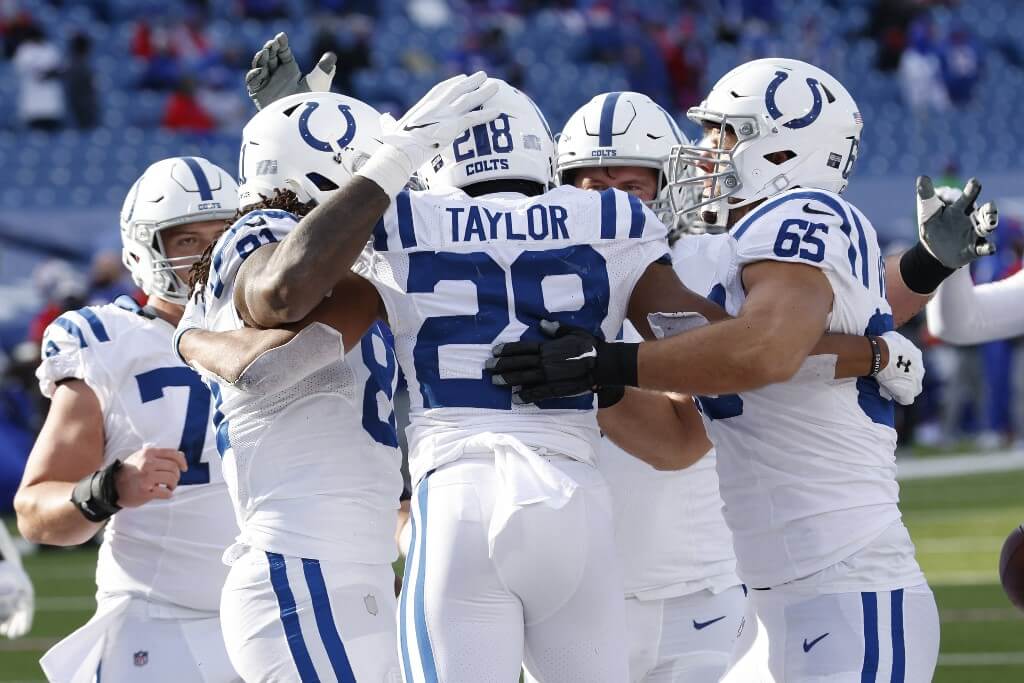 The Indianapolis Colts celebrate after Jonathan Taylor scored a touchdown