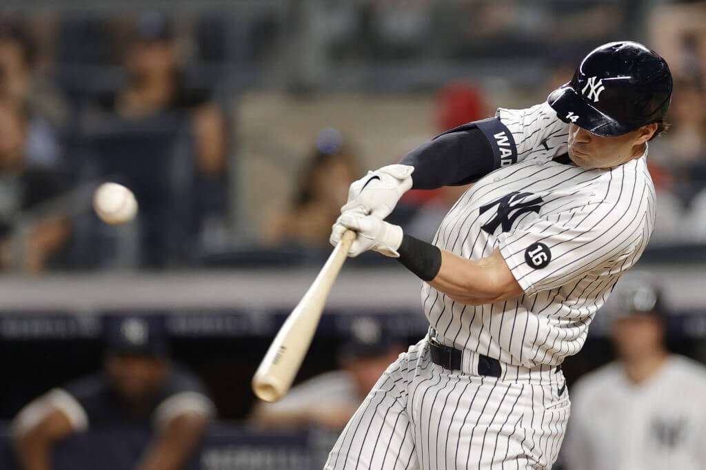 Tyler Wade of the New York Yankees singles during the third inning against the Los Angeles Angels