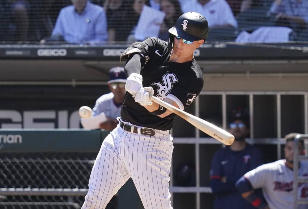 Zack Collins of the Chicago White Sox hits a home run during the sixth inning of a game against the Minnesota Twins