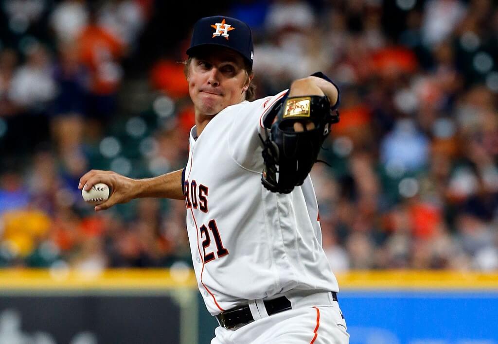 Zack Greinke of the Houston Astros pitches in the first inning against the Cleveland Indians
