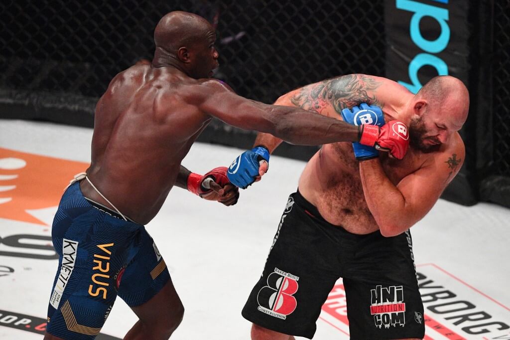 France's Cheick Kongo(L) fights against USA's Timothy Johnson during their Mixed Martial Art heavyweight bout