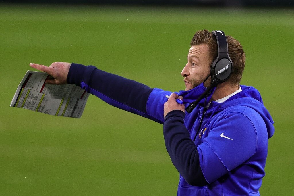 Head coach Sean McVay of the Los Angeles Rams yells to his team against the Green Bay Packers