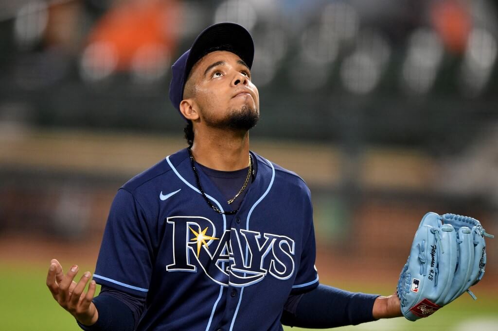 Luis Patino of the Tampa Bay Rays reacts after being pulled from the game during the fourth inning against the Baltimore Orioles
