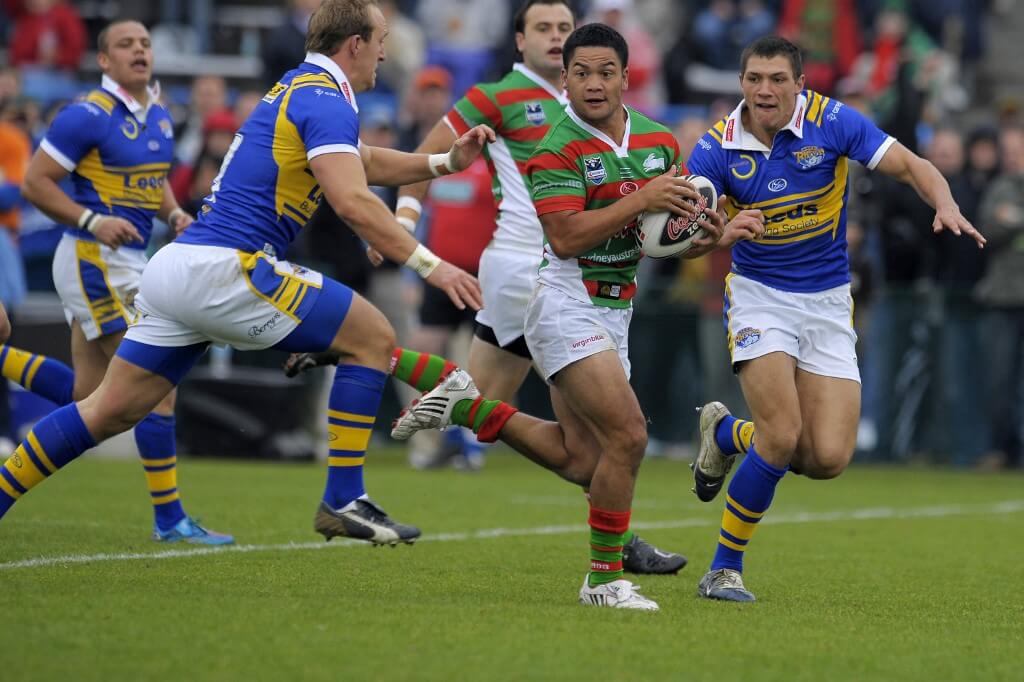 South Sydney Rabbitohs with the ball during the Australia Day Challenge match vs South Sydney and the Leeds Rhinos